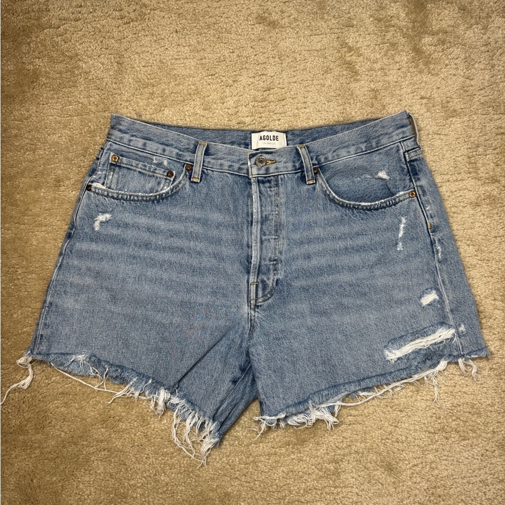 AGOLDE Parker Long High Rise Cutoff Shorts Size 31 Light Wash